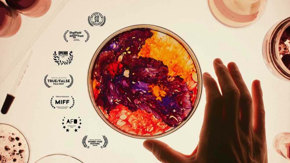 Phenomena key art: a hand reaching towards a petri dish of swirling red, purple and orange chemical reaction, ringed with film festival laurels.